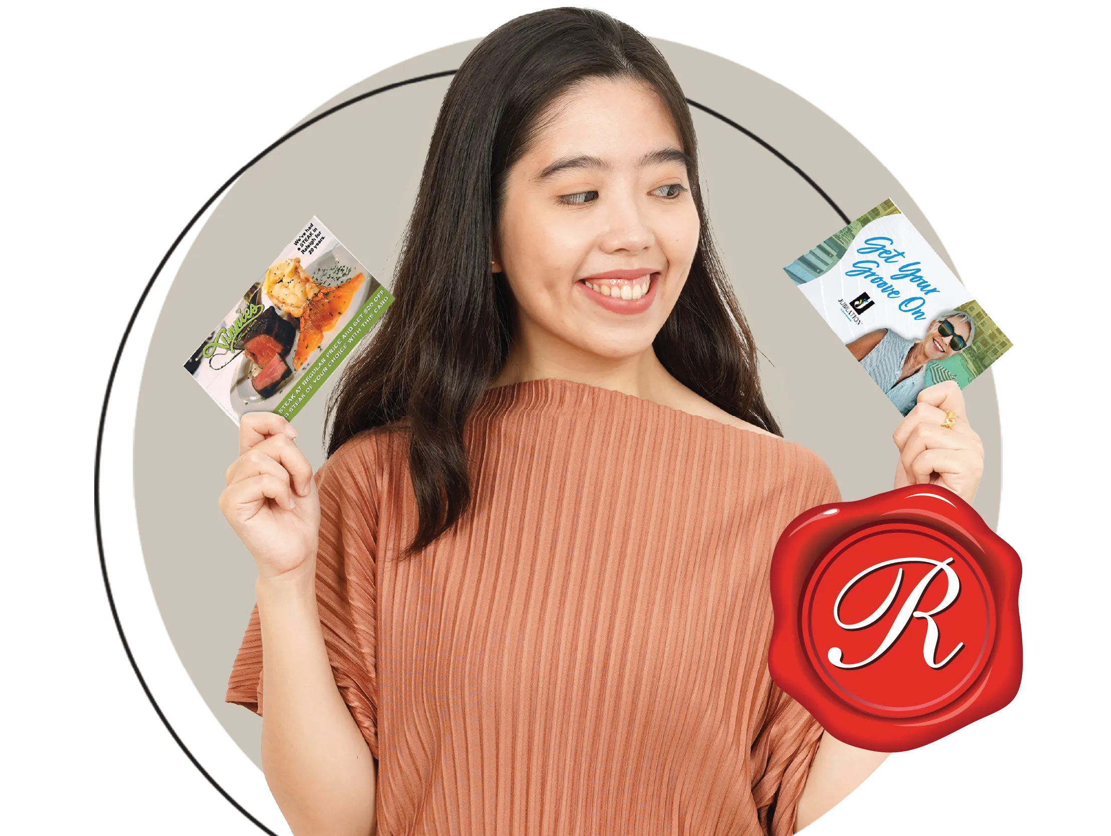 SubHeader_DirectMail_Industry Woman holding up RSVP direct mail advertising mailers