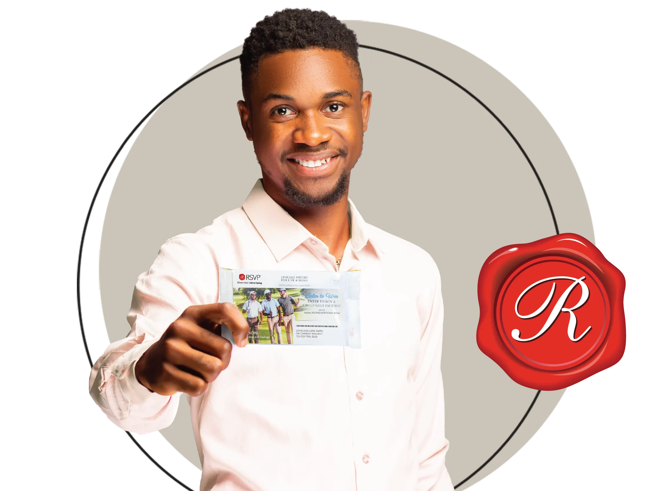 RSVP franchise owner holding up a direct mail advertising mailer