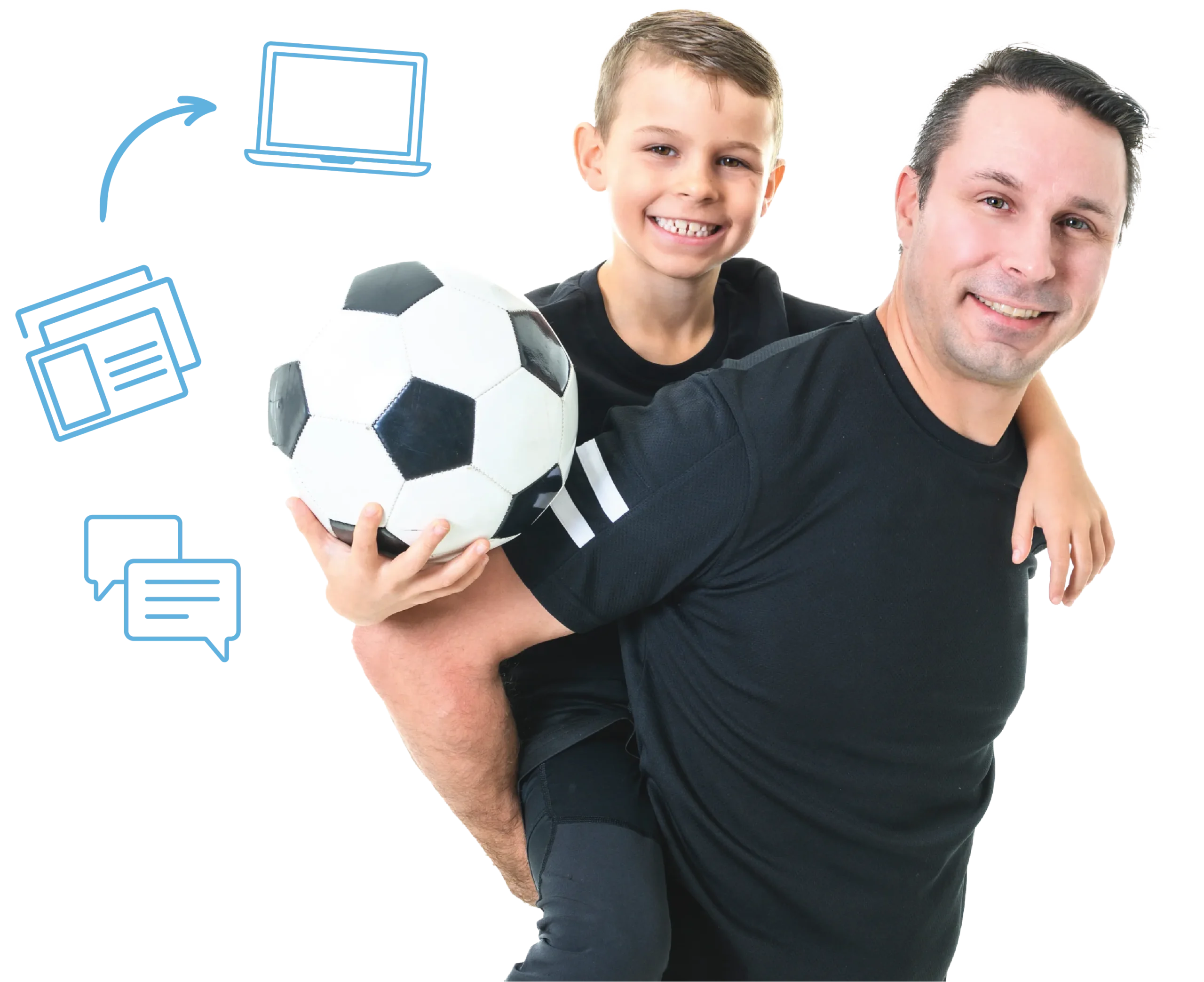 Father with his son on his back playing with a soccer ball