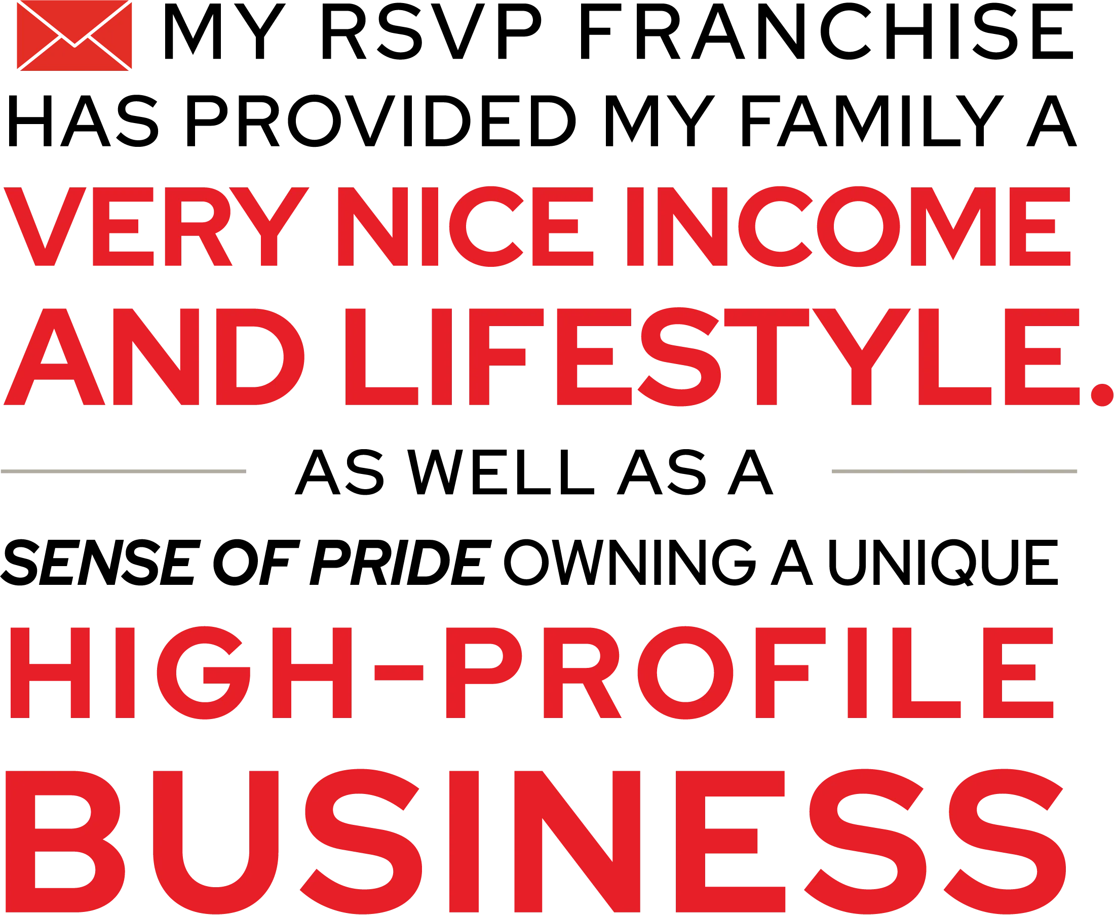 My RSVP franchise has provided my family a very nice income and lifestyle. As well as a sense of pride owning a unique high-profile business.